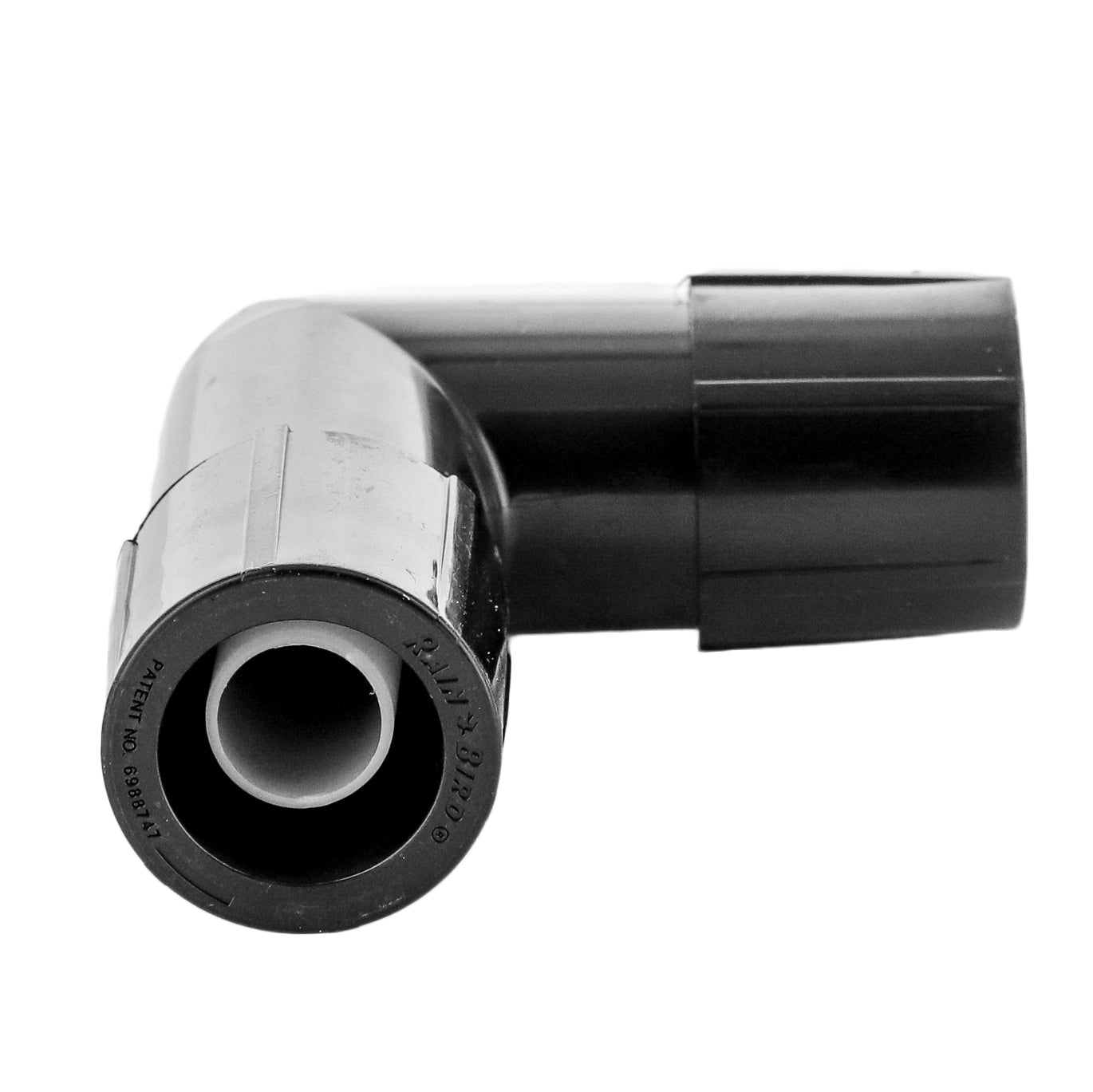 Front view of Rain Bird Easy Fit 1/2 in. compression elbow (MDCFEL) showing compression nut, swivel adapter, black UV-resistant ABS body.