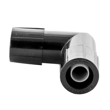 Side view of MDCFEL Easy Fit compression elbow for 1/2 in. polyethylene tubing, highlighting insertion port and swivel mechanism.