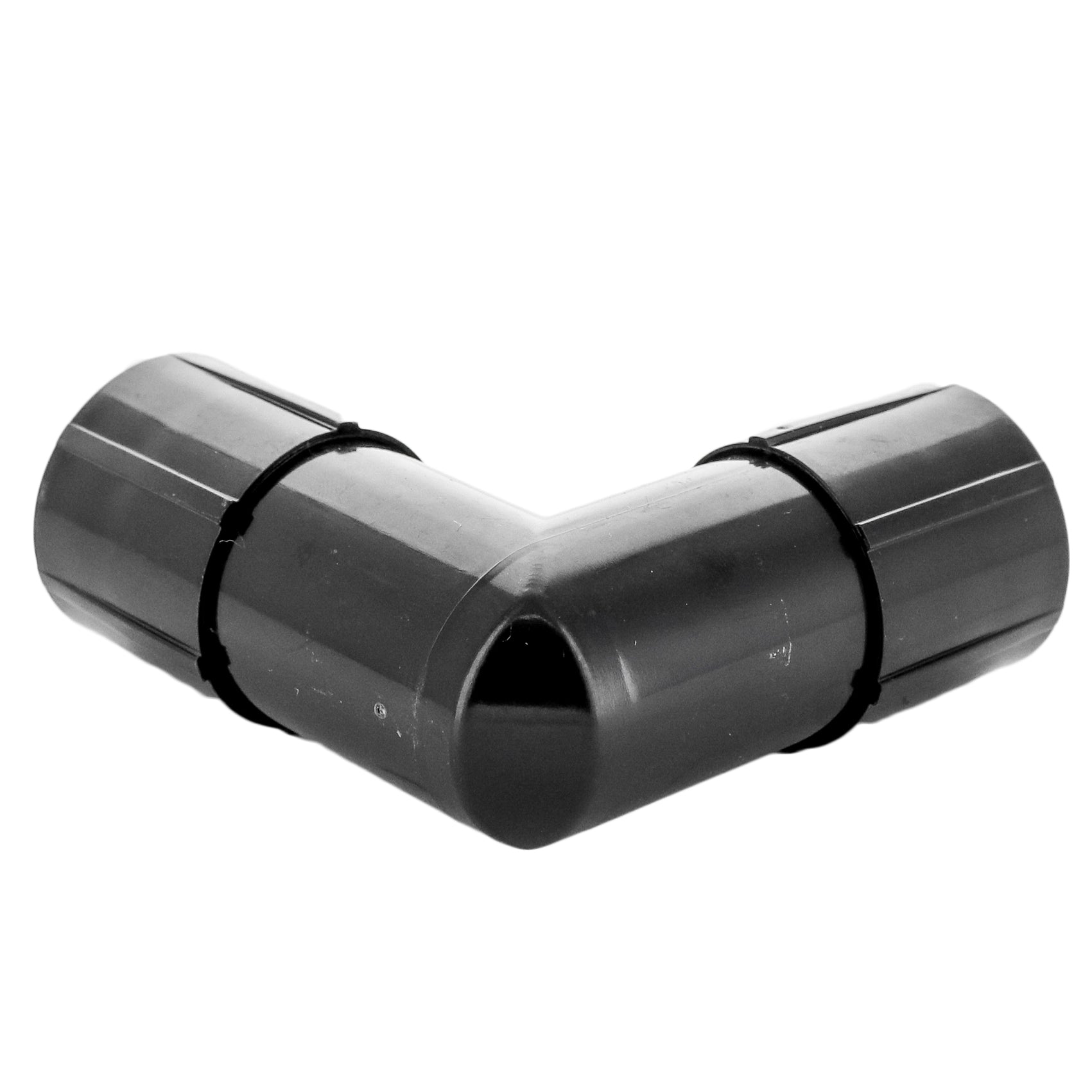 Close-up of compression nut and sealing ferrule on Rain Bird Easy Fit 1/2 in. elbow (MDCFEL), black durable plastic construction.