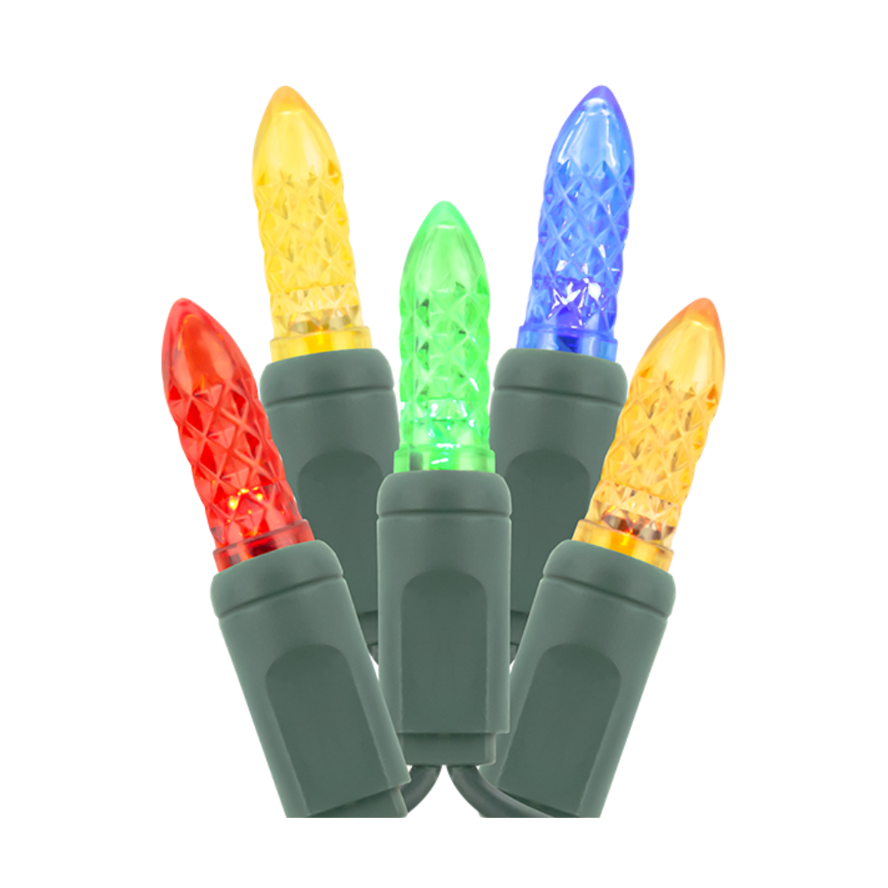 American Lighting Mini M5 LED string lights, multi-color bulbs on green wire, 70 LEDs over 23.5 ft with 4-inch spacing, product front view (multi-color).