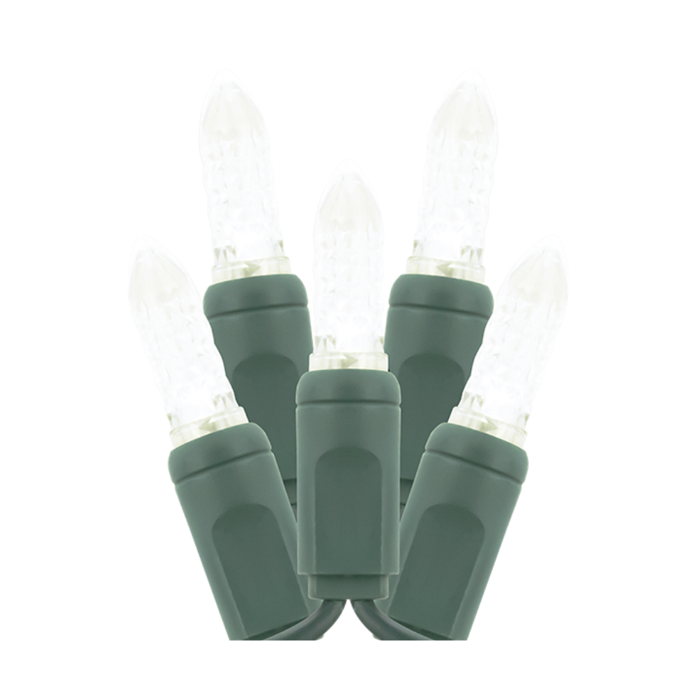 American Lighting Mini M5 LED string lights, pure white bulbs on green wire, 70 LEDs over 23.5 ft with 4-inch spacing, product front view (pure white).