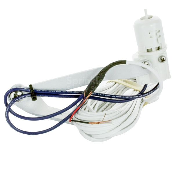 Hunter MINI-CLIK rain sensor shown mounted on aluminum bracket with visible adjustment cap and 25-foot sheathed two-conductor cable for wiring.