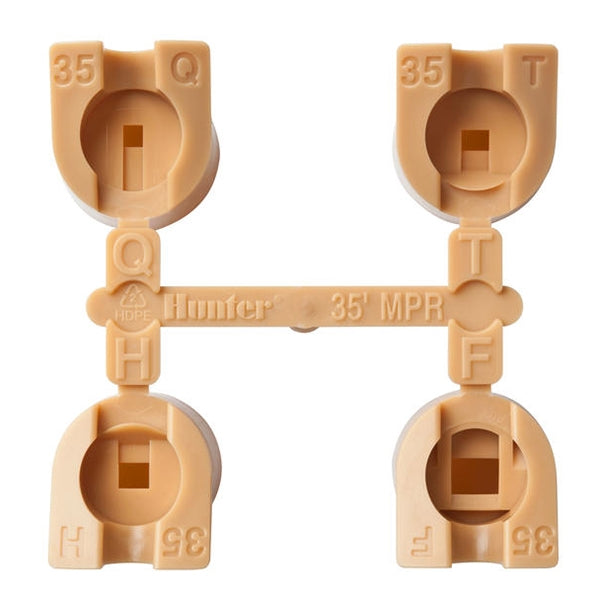 Tan MPR-35 matched-precipitation nozzle rack with four nozzle inserts (Q, T, H, F), compatible with PGP Ultra and I-20 rotors, 35 ft radius coverage.