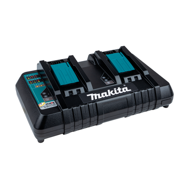Side-angle view of Makita XBU02PT blower showing 6-stage speed dial, variable-speed trigger and compact body with battery ports visible.