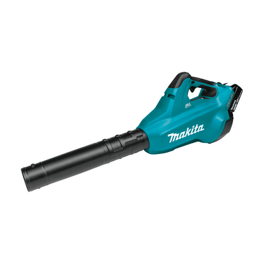 Makita XBU02PT cordless blower front view showing long nozzle, ergonomic handle, in-line fan housing and teal finish on white background.