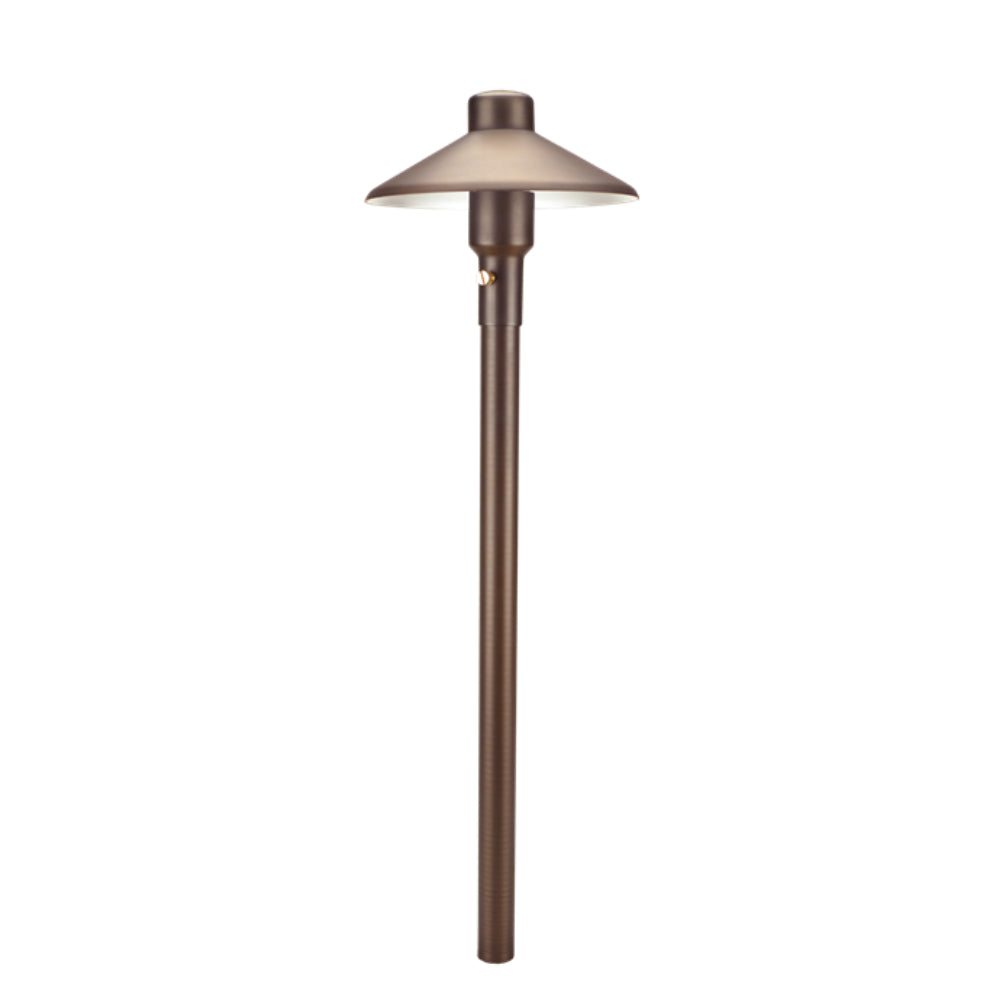 Unique Mercury 7 path light, Weathered Brass on 18-inch riser with frosted borosilicate lens; lamp not included.