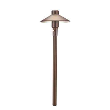 Unique Mercury 7 path light, Weathered Brass on 18-inch riser with frosted borosilicate lens; lamp not included.