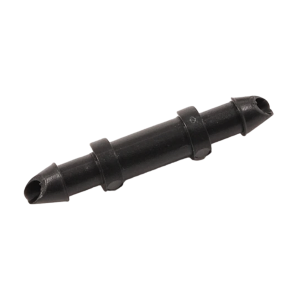 Black NDS C250 1/4-inch insert barb connector for drip irrigation; single plastic barbed fitting on white background