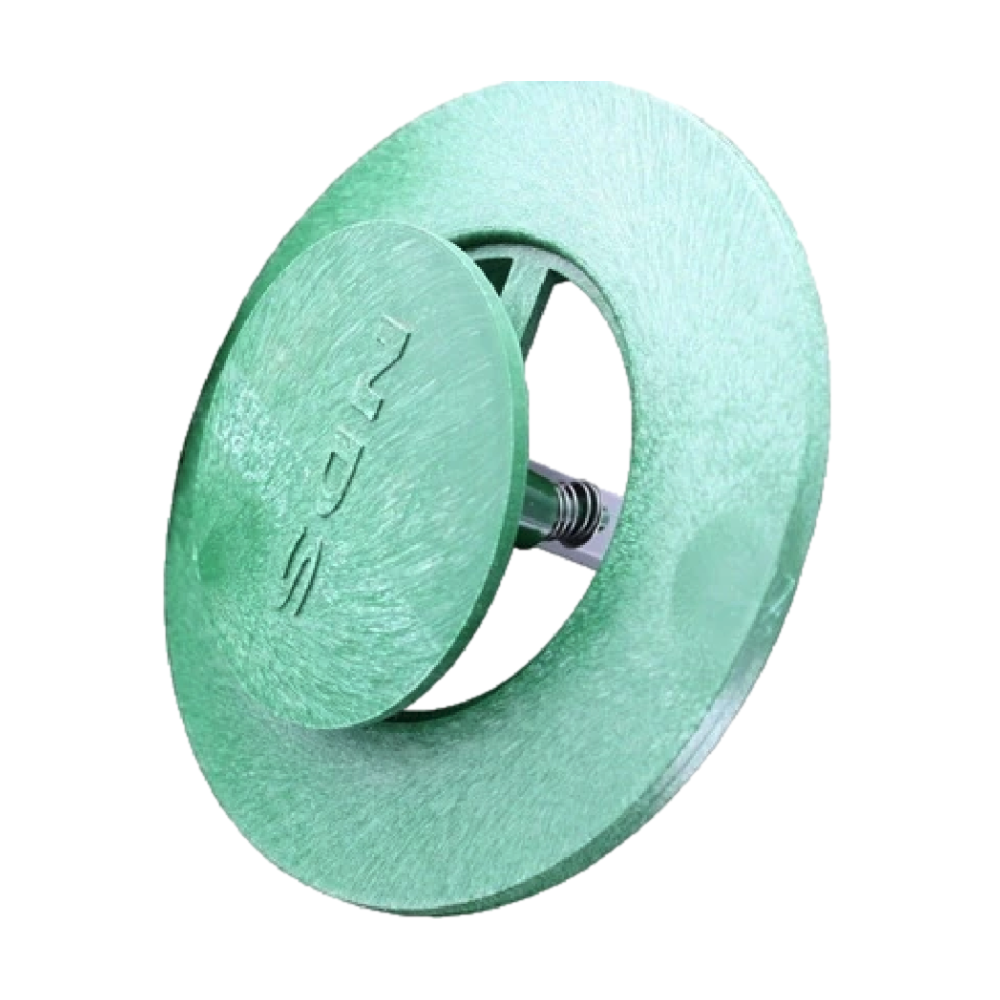 Green NDS420 pop-up drainage emitter showing top cap, wide flange, and spring-loaded design to fit 3- and 4-inch drain pipes, outdoor use.