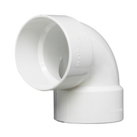 Front view of NDS 4P02 white PVC 90-degree hub-to-hub elbow showing both hub openings and smooth exterior surface for sewer and drain use.
