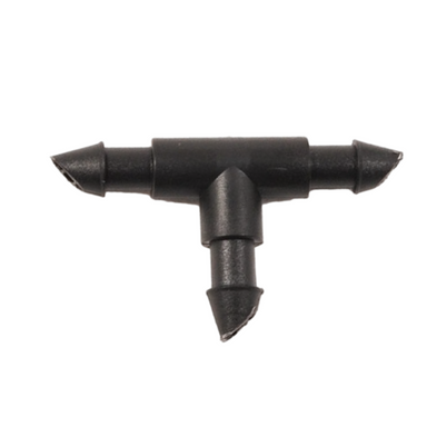 Black NDS T250 insert tee with three 1/4-inch barbed fittings for micro irrigation tubing, shown on white background.