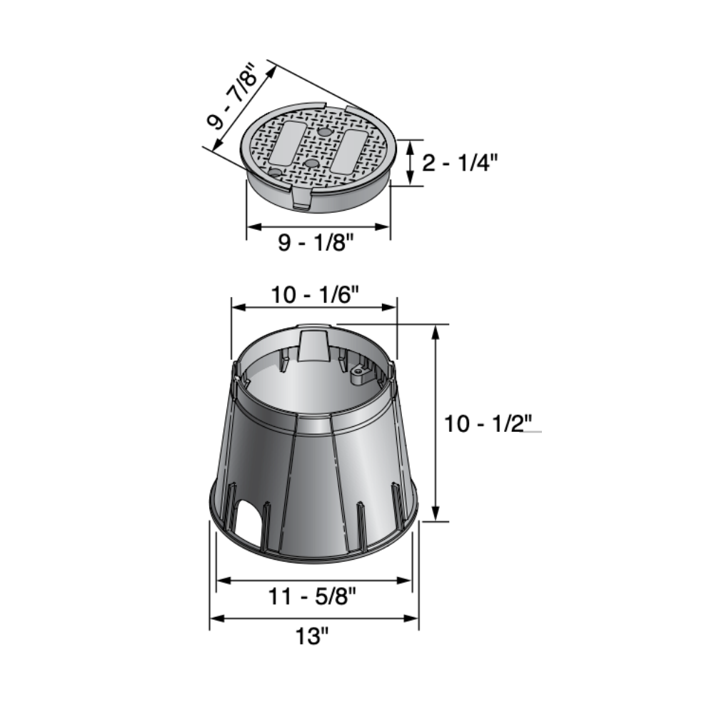 Side view of NDS 112BC valve box showing tapered body, structural ribs and pipe hole for irrigation connections.