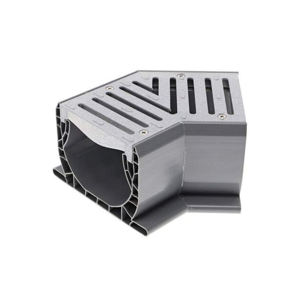 Close-up of the gray NDS NDS2301 45-degree 1/8 bend channel drain fitting on white background, showing profile and connection points for linear drainage systems.