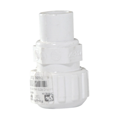Assembled and angled view of NDS 733-10 FLO-LOCK gripper adapter in white PVC with included stiffener and visible steel gripper.