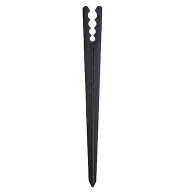 Close-up of NDS 6 in plastic V stake showing pointed tip and V-shaped grooves that hold 1/8"–1/4" drip tubing.