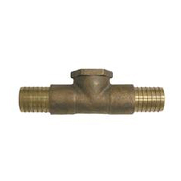 American Granby NLRBFT1 1-inch lead-free brass combo tee, angle view showing barbed insert ends and 1" FPT threaded connection, product detail
