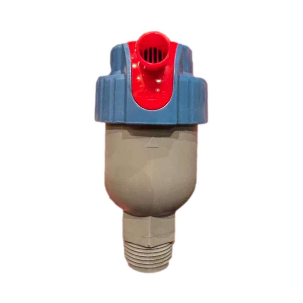 Netafim Mini 1/2 in Combination Air Relief Vent, front view on white background showing vent body and outlet fitting, product model visible.