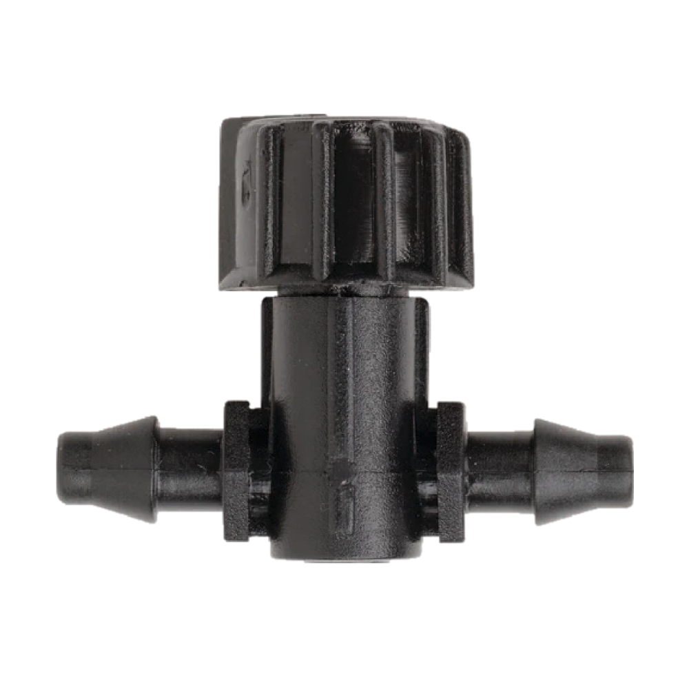 Netafim 1/4-inch micro line shut-off valve shown at an angle, highlighting barbed push-fit fittings and the manual lever for on/off control.