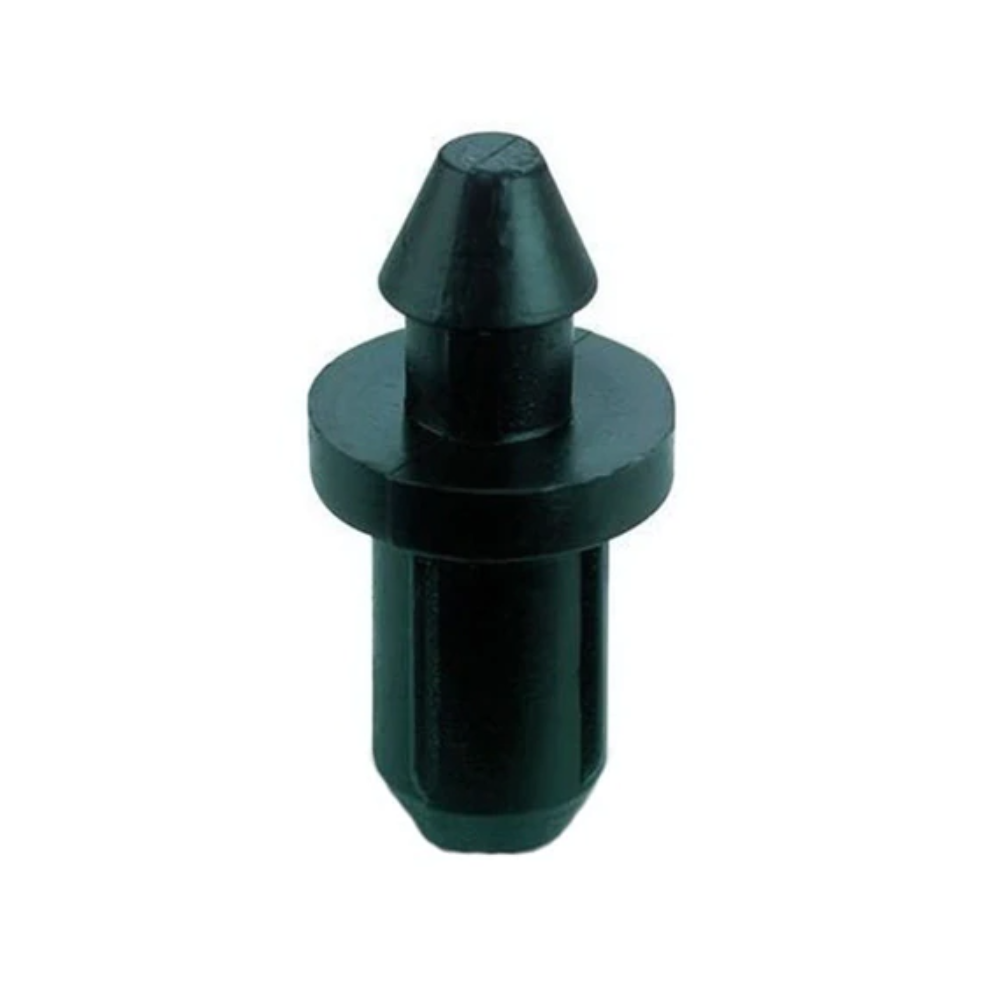 Close-up of a single Netafim black Goof Plug with barbed ends for 1/4 in (5 mm) micro-tubing, showing barb profile.