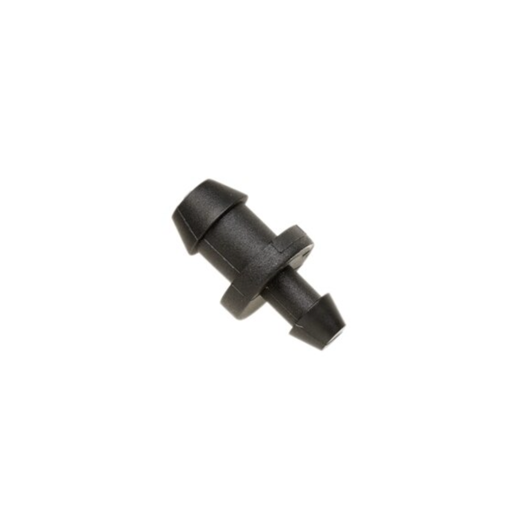 Pack of ten Netafim black Goof Plugs arranged on white background, showing barbed ends and compact shape for 1/4 in tubing.