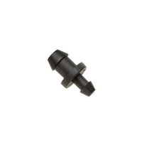 Pack of ten Netafim black Goof Plugs arranged on white background, showing barbed ends and compact shape for 1/4 in tubing.