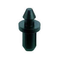 Close-up of a single Netafim black Goof Plug with barbed ends for 1/4 in (5 mm) micro-tubing, showing barb profile.