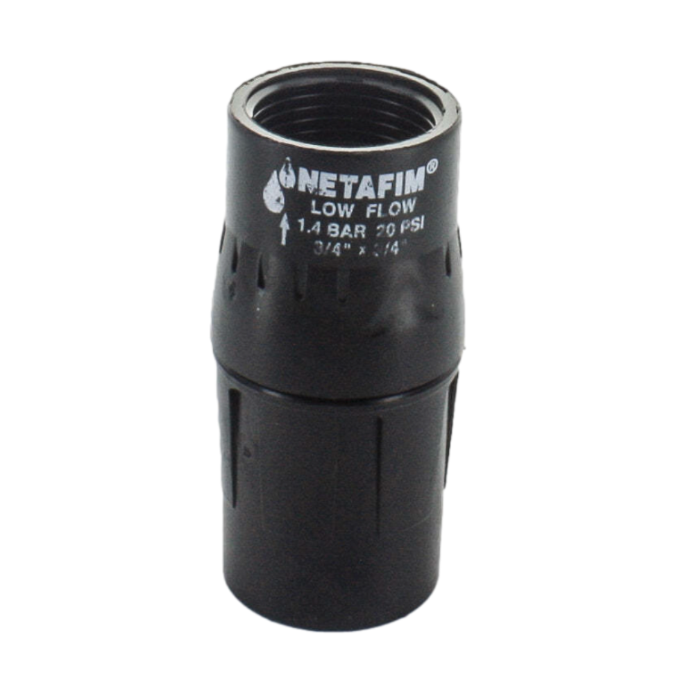 Netafim 3/4-inch inline low-flow pressure regulator, 42 PSI outlet, 3/4" FPT connections, thermoplastic body and integrated screen for drip irrigation