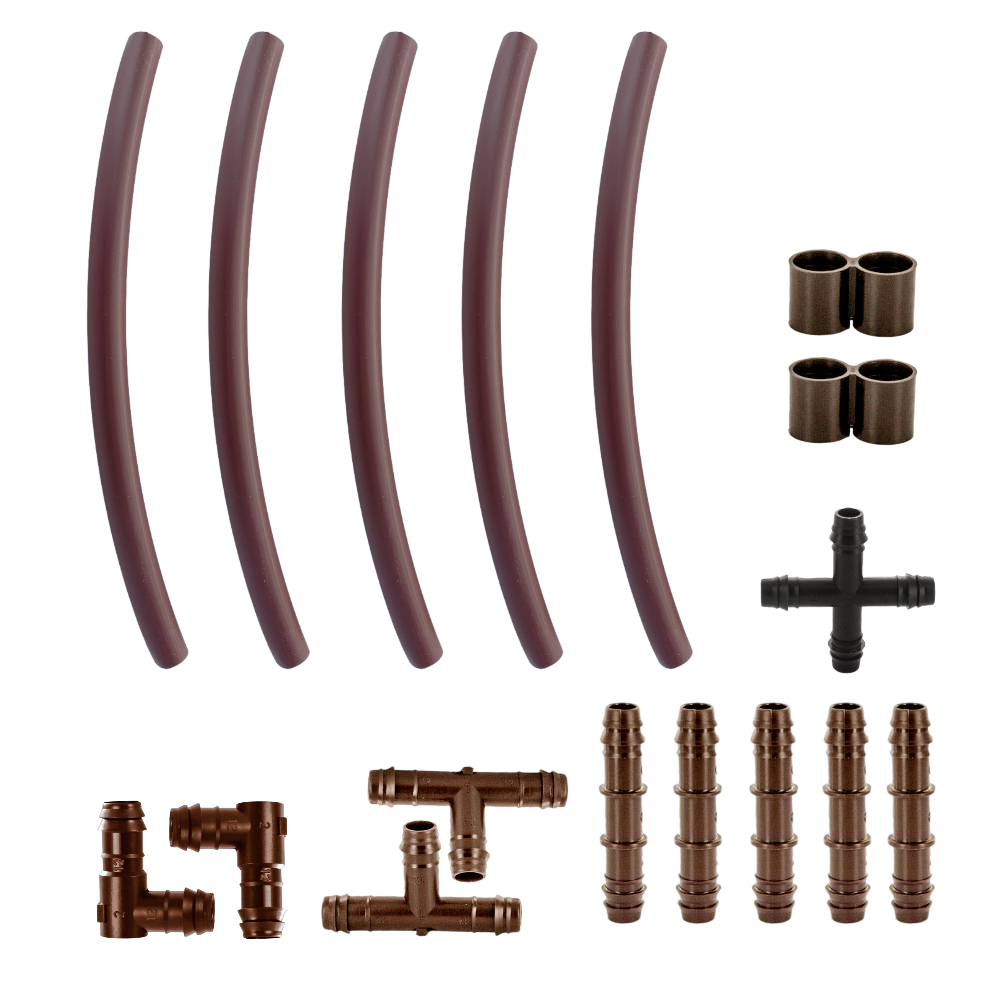 NRK17-5 17mm Netafim repair kit: five 12" Techline CV tubing segments plus couplings, elbows, tees, line ends and a cross.