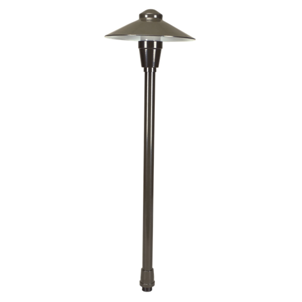 Unique Neutron 18-inch bronze path light with 7-inch shroud, frosted borosilicate lens, 18" riser — lamp not included.