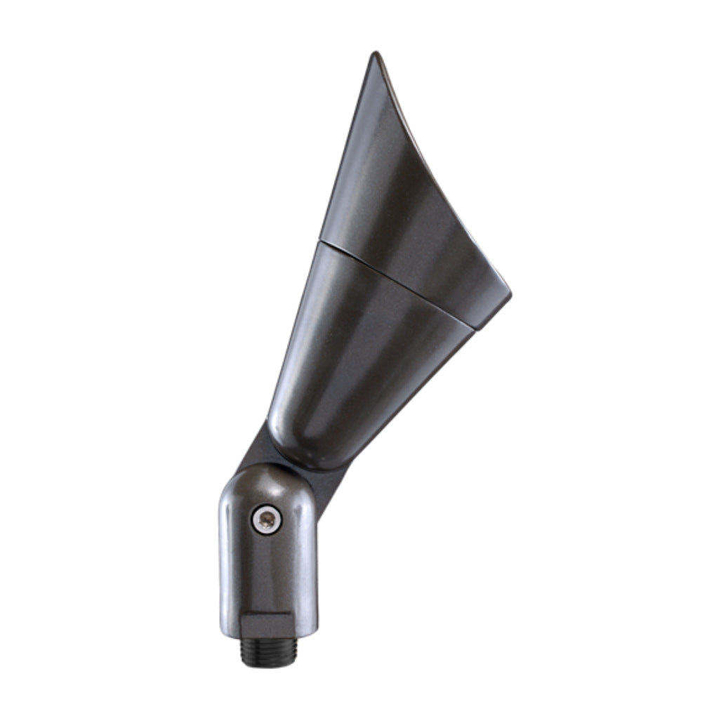 Bronze Nucleus shrouded up light fixture on composite stake, aluminum housing visible with wiring lead (landscape lighting).