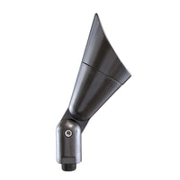 Bronze Nucleus shrouded up light fixture on composite stake, aluminum housing visible with wiring lead (landscape lighting).