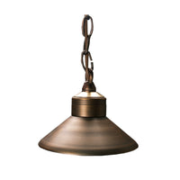Observer hanging landscape light in weathered brass finish shown without bulb, downward-facing shade, chain and mounting hook