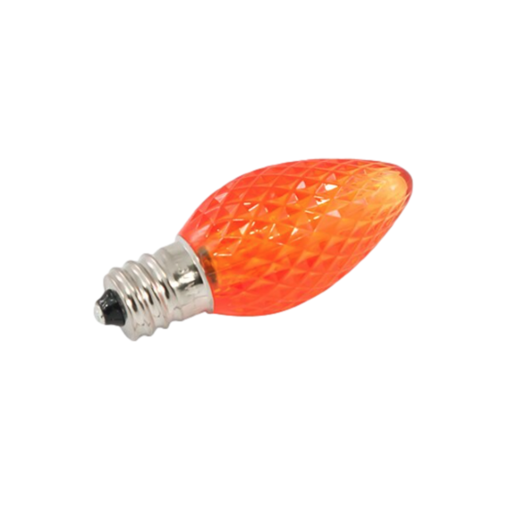 Orange faceted C7 LED bulb with E12 candelabra base and polycarbonate lens; approx 2.09 in long, provides bright color for decorative lighting.