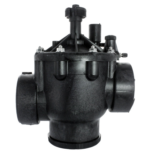Front perspective of Toro P-220 P220-26-00 3-inch electric irrigation valve showing glass-filled nylon body and solenoid assembly.