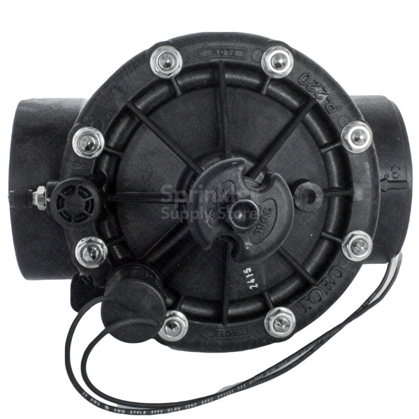 Side view of Toro P-220 P220-26-00 3-inch electric valve installed on piping with visible FNPT female connection details.