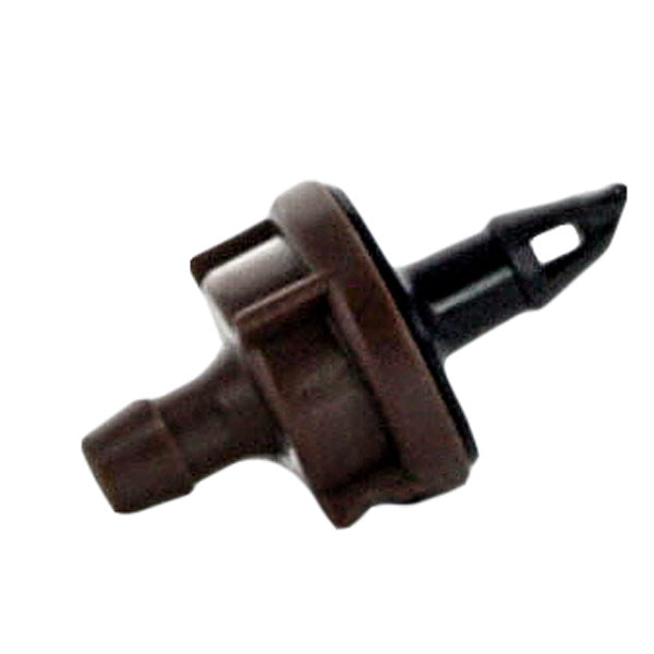Rain Bird PC12 pressure-compensating emitter, brown plastic housing, showing barb inlet and 12 GPH marking, close-up angle.