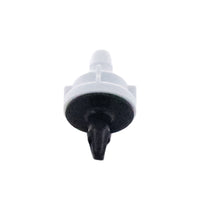 Top and side view of Rain Bird PC18 emitter, highlighting pressure-compensating outlet and color-coded housing for 18 GPH.