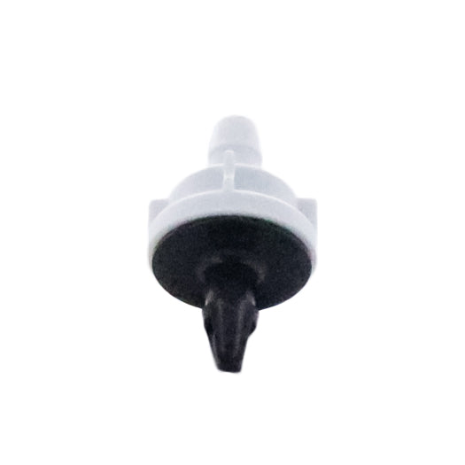 Top and side view of Rain Bird PC18 emitter, highlighting pressure-compensating outlet and color-coded housing for 18 GPH.