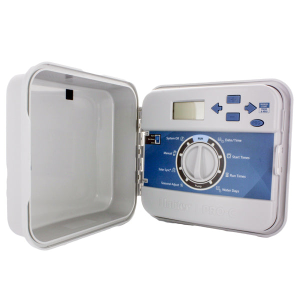Front view of Hunter PCC1200 12-station outdoor irrigation controller in closed weather-resistant plastic cabinet, model label visible.