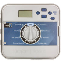 Open-front view showing internal terminal strip and wiring connectors for Hunter PCC1200 12-station outdoor irrigation controller.