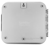 Side-angle view of the Hunter PCC1200 12-station outdoor controller showing enclosure and mounting points for wall installation.