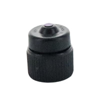 Rain Bird PCT07 pressure-compensating threaded bubbler with violet cap, showing 1/2-inch FPT threaded inlet and bubbler outlet in profile.