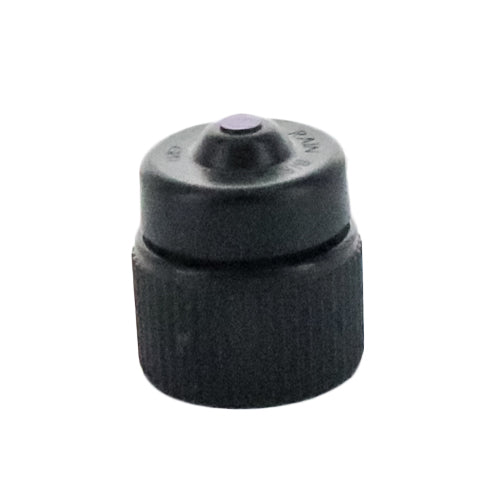 Rain Bird PCT07 pressure-compensating threaded bubbler with violet cap, showing 1/2-inch FPT threaded inlet and bubbler outlet in profile.