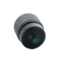 Side view of Rain Bird PCT10 10 GPH threaded bubbler highlighting UV-resistant plastic body, green cap and threaded 1/2 in FPT inlet connection.