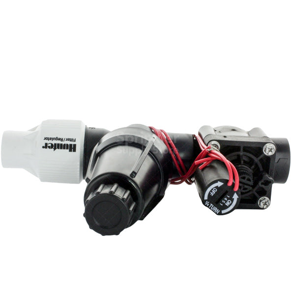 PCZ10125 assembled kit angle showing regulator, PGV control valve and flush cap for micro-irrigation systems.