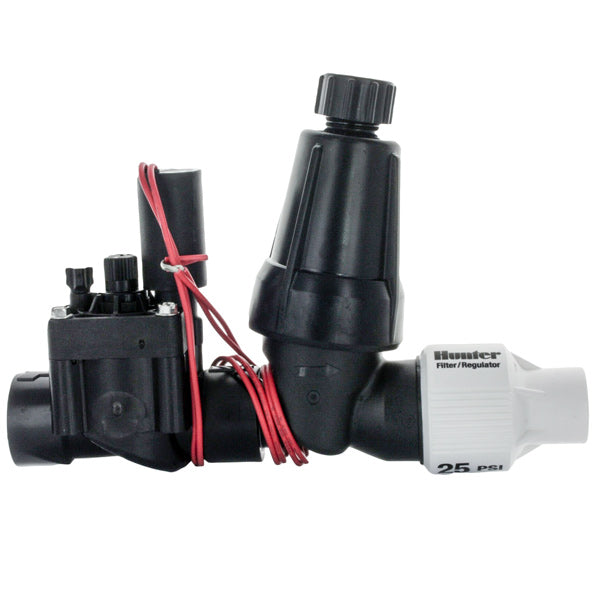 Front view of PCZ10140 drip control zone kit with PGV valve, regulator, stainless steel filter.