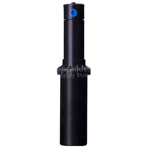 Front three-quarter view of Hunter PGP-ADJ 4 in pop-up rotor showing blue nozzle rack and top riser assembly for turf irrigation.