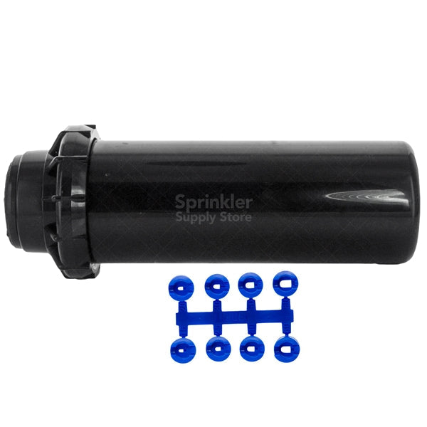 Side view of Hunter PGP-ADJ 4 in pop-up rotor with exposed body and rubber cover, illustrating the low-profile riser.