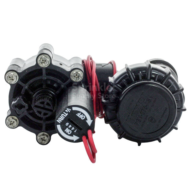 Top-down view of Hunter PGV075ASVS 3/4-inch anti-siphon electric valve showing the encapsulated solenoid, flow control adjustment, and diaphragm bonnet assembly for service access.