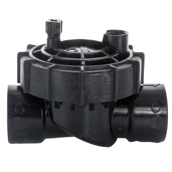 Front three-quarter view of Hunter PGV-100-JT-G-LS 1-inch jar-top globe valve showing bonnet, body, and female threaded ports for installation.